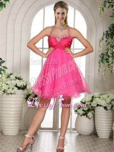 Beaded Halter Spaghetti Straps Knee Length Hot Pink Prom Dress
