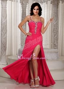 High Slit Beaded Spaghetti Straps Chiffon Prom Dress in Coral Red