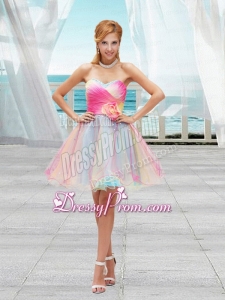 Lovely Ombre Color Organza Sweetheart Prom Dress with Ruching and Hand Made Flower