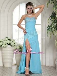 Sweetheart High Slit Beaded Aqua Blue Prom Dress with Brush Train