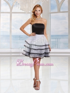 Lovely A Line Strapless Black and White Cocktail Dress With Ruffled Layers