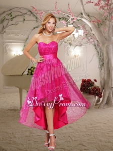 2015 Hot Pink A Line Paillette Sweetheart High Low Prom Dress