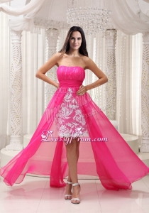 Pleating High Low Hot Pink Sashed Strapless Prom Dress with Lace