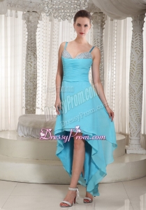 Spaghetti Straps Aqua Blue Chiffon High Low Prom Dress with Beading