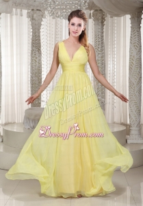 Latest Light Yellow V Neck Chiffon Prom Dress with Beading and Straps