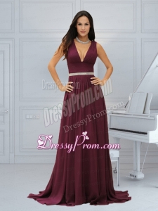 Sexy Burgundy Empire Chiffon Prom Dress with Brush Train