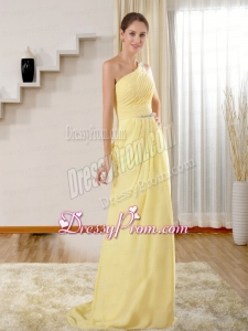 Elegant Column One Shoulder Brush Train Beading Prom Dress in Yellow