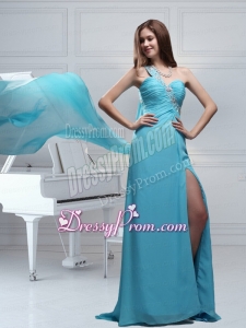 Hot Sale One Shoulder Watteau Train Column Prom Dress in Aqua Blue