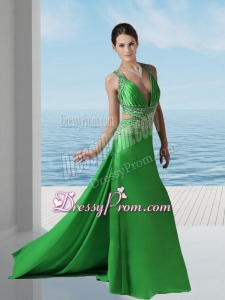 Sexy Spring Green V Neck Prom Dress with Beading and Ruching