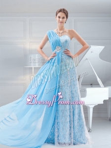 Suitable Empire Brush Train Baby Blue One Shoulder Beading Prom Dress