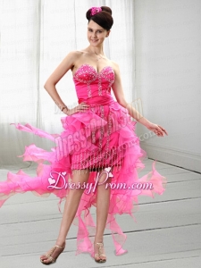 Cute Sweetheart High Low Hot Pink Column Prom Dress with Beading