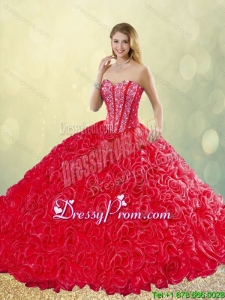 New Style Brush Train Rolling Flowers Quinceanera Dresses in Red