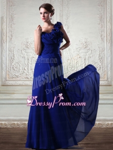 Sturning One Shoulder Chiffon Royal Blue Empire Prom Dress with Hand Made Flowers