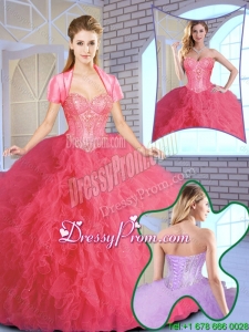 Elegant Ruffles and Sequins Quinceanera Gowns in Coral Red