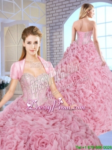 Luxurious Beading Brush Train Quinceanera Gowns with Rolling Flowers