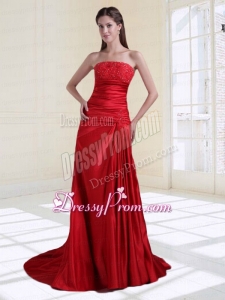 2015 Column Strapless Beading Ruching Prom Dress with Court Train