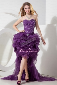 2015 Unique Purple High Low Beading Organza Evening Dress with Brush Train