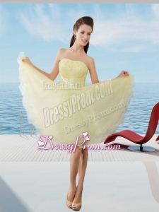 A Line Strapless Mini Length Organza Beading Prom Dress in Light Yellow