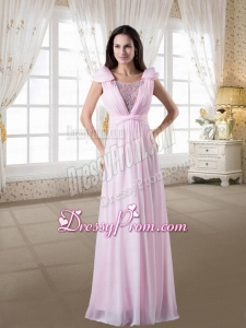 Discount Empire Scoop Beading Pink Prom Dress with Cap Sleeves