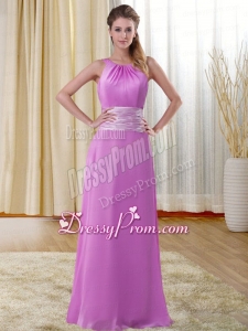 Empire Bateau Chiffon Lavender Ruched Prom Dress in Brush Train and Sash