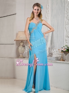 2015 Modest Aqua One Shoulder Beading Colomn Chiffon Prom Dress