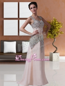 Champagne Beading Column Square Chiffon Gorgeous Prom Dress