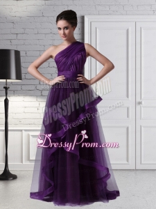 One Shoulder Tulle Empire Purple Ruching Romantic Prom Dress