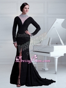Sexy Black Column High Neck Beading Brush Train Prom Dress