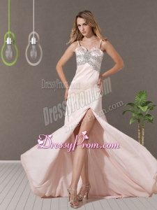 Gorgeous Baby Pink Empire Spaghetti Straps Brush Train Prom Dress