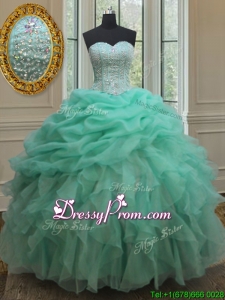 2017 Cheap Beaded and Bubble Turquoise Organza Quinceanera Dress with Ruffles