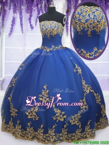 Low Price Strapless Zipper Up Blue Quinceanera Gown with Gold Appliques