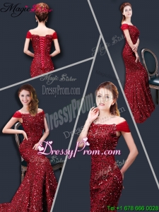 Winter Mermaid Off the Shoulder Sequins Prom Dresses in Wine Red