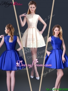 2016 Beautiful Short Bateau Prom Dresses with Bowknot and Beading