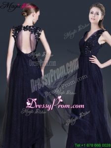 2016 Fashionable V Neck Paillette Prom Dresses in Navy Blue