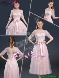 2016 Elegant Tea Length Prom Dresses with Lace and Bowknot