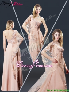 2016 Luxurious One Shoulder Appliques Prom Dresses in Peach