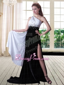 Popular White and Black Beaded Evening Dress with One Shoulder and Watteau Train