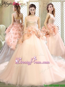 2016 Beautiful Scoop Court Train Quinceanera Dresses with Hand Made Flowers