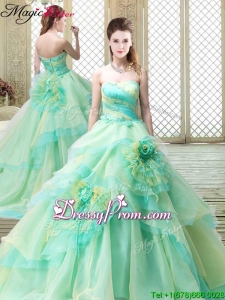 New Strapless Brush Train Prom Dresses with Hand Made Flowers