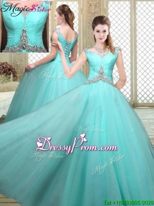 2016 Luxurious Straps Beading Sweet 16 Dresses in Aqua Blue