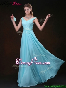 Low price Empire V Neck Prom Dresses On Sale with Belt and Lace