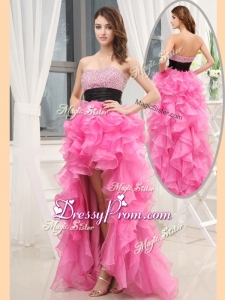 2016 Cheap Sweetheart High-low Pink Prom Dresses with Beading and Belt