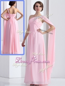 2016 Elegant One Shoulder Baby Pink Prom Dress with Ruching and Beading