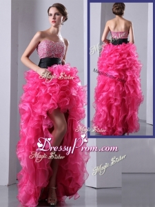 2016 Exquisite High Low Hot Pink Prom Dress with Ruffles