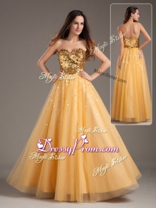 2016 Luxurious Princess Sweetheart Sequins Long Prom Dresses in Gold