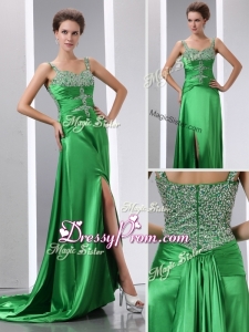Luxurious Column Beading and High Slit Beautiful Prom Dresses with Court Train