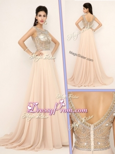 Pretty Empire Bateau Brush Train Beautiful Prom Dresses with Beading