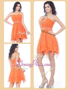 Cheap Sweetheart Beading and Ruching Short Beautiful Prom Dresses in Orange