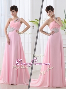 Fashionable One Shoulder Brush Train Beading Baby Pink Clearance Prom Dress