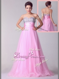 Lovely A Line Brush Train Rose Pink Clearance Prom Dresses with Beading for Spring